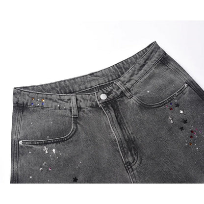 Cross Colored Rhinestone Denim Shorts - Thrashink