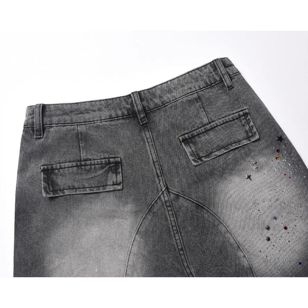 Cross Colored Rhinestone Denim Shorts - Thrashink