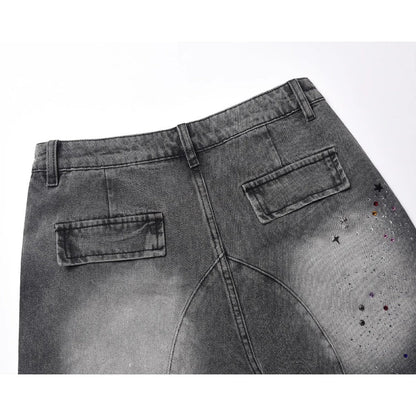 Cross Colored Rhinestone Denim Shorts - Thrashink