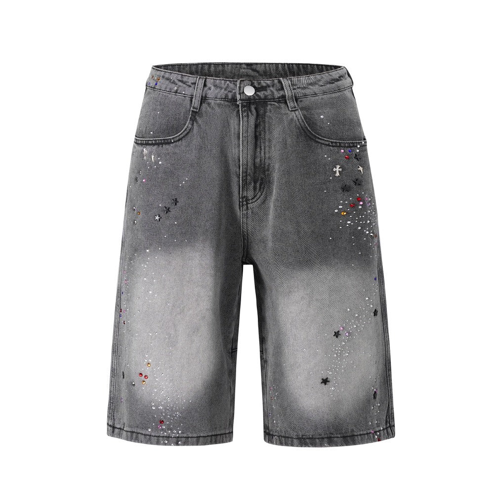 Cross Colored Rhinestone Denim Shorts - Thrashink