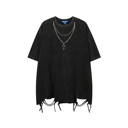 Cross Necklace Distressed Short Sleeve T-Shirt - Thrashink