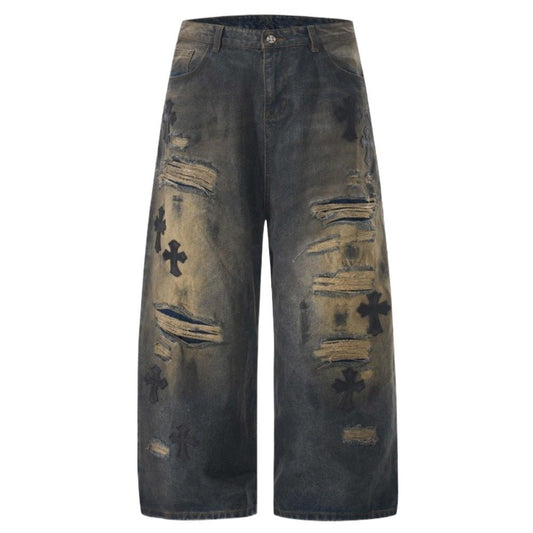 Cross - shaped Patchwork Ripped Jeans - Thrashink