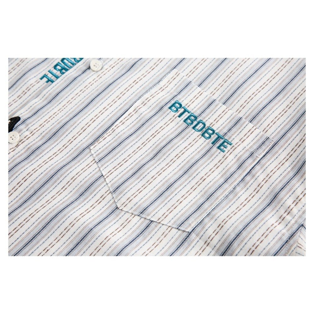 Cute Patterned Text Embroidered Striped Shirt - Thrashink