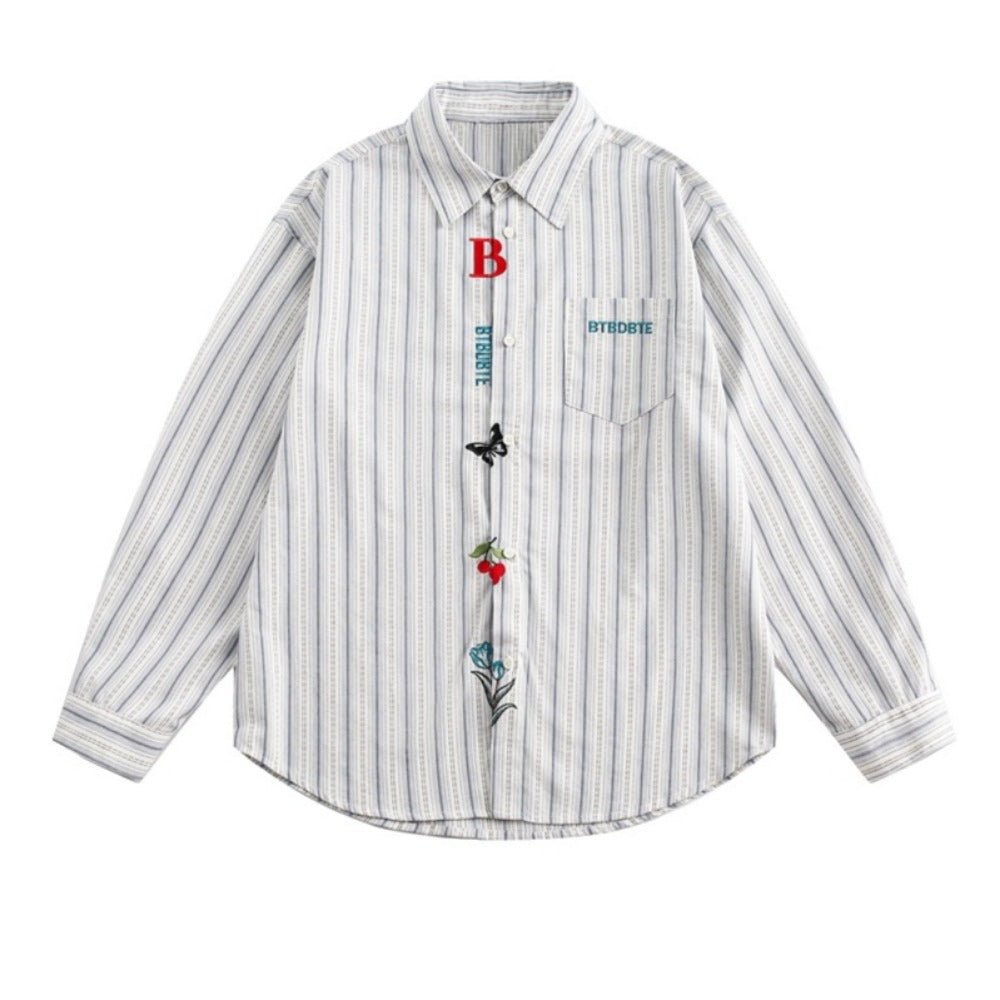 Cute Patterned Text Embroidered Striped Shirt - Thrashink