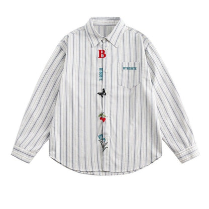 Cute Patterned Text Embroidered Striped Shirt - Thrashink