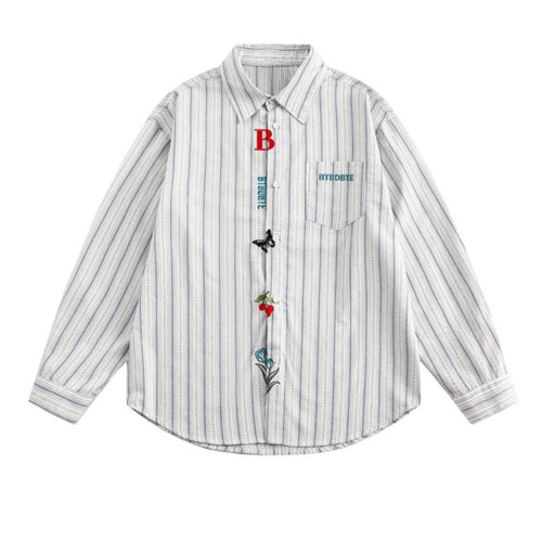 Cute Patterned Text Embroidered Striped Shirt - Thrashink