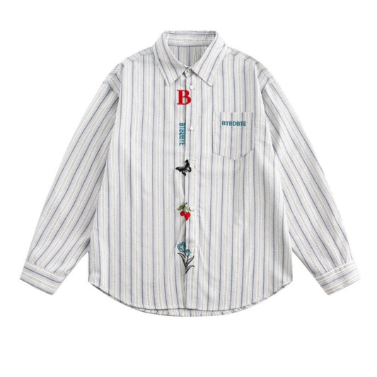 Cute Patterned Text Embroidered Striped Shirt - Thrashink