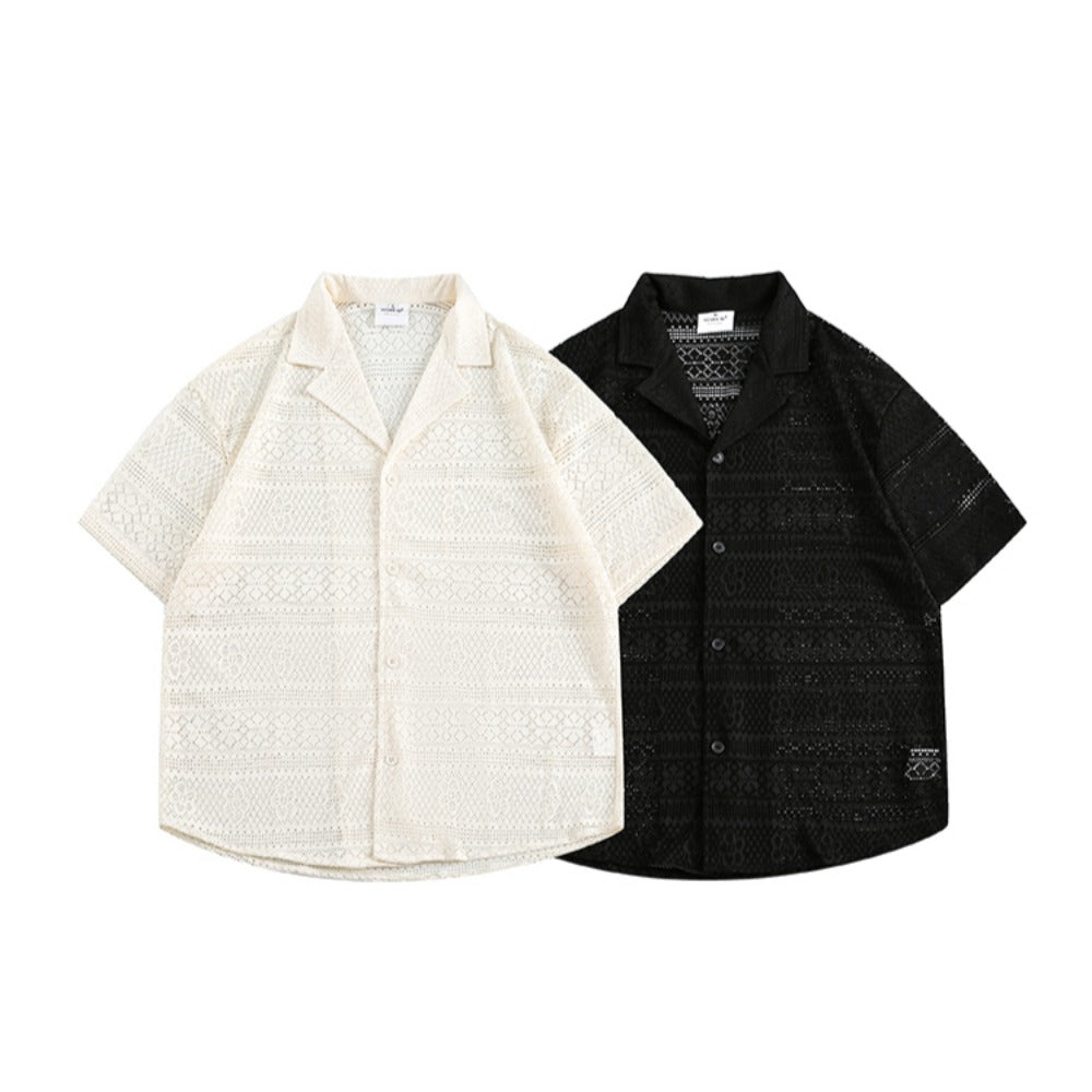 Cutout Cuban Collar Short Sleeve Shirt - Thrashink