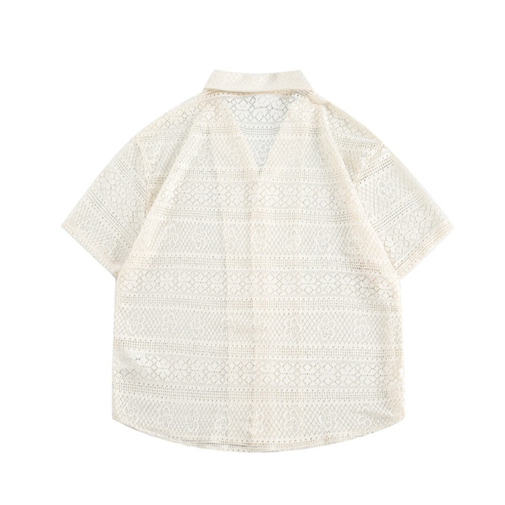 Cutout Cuban Collar Short Sleeve Shirt - Thrashink