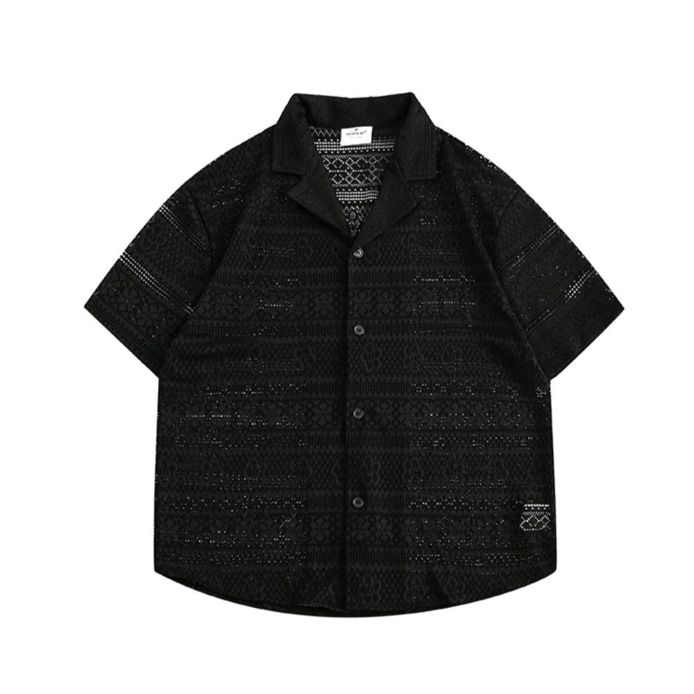 Cutout Cuban Collar Short Sleeve Shirt - Thrashink