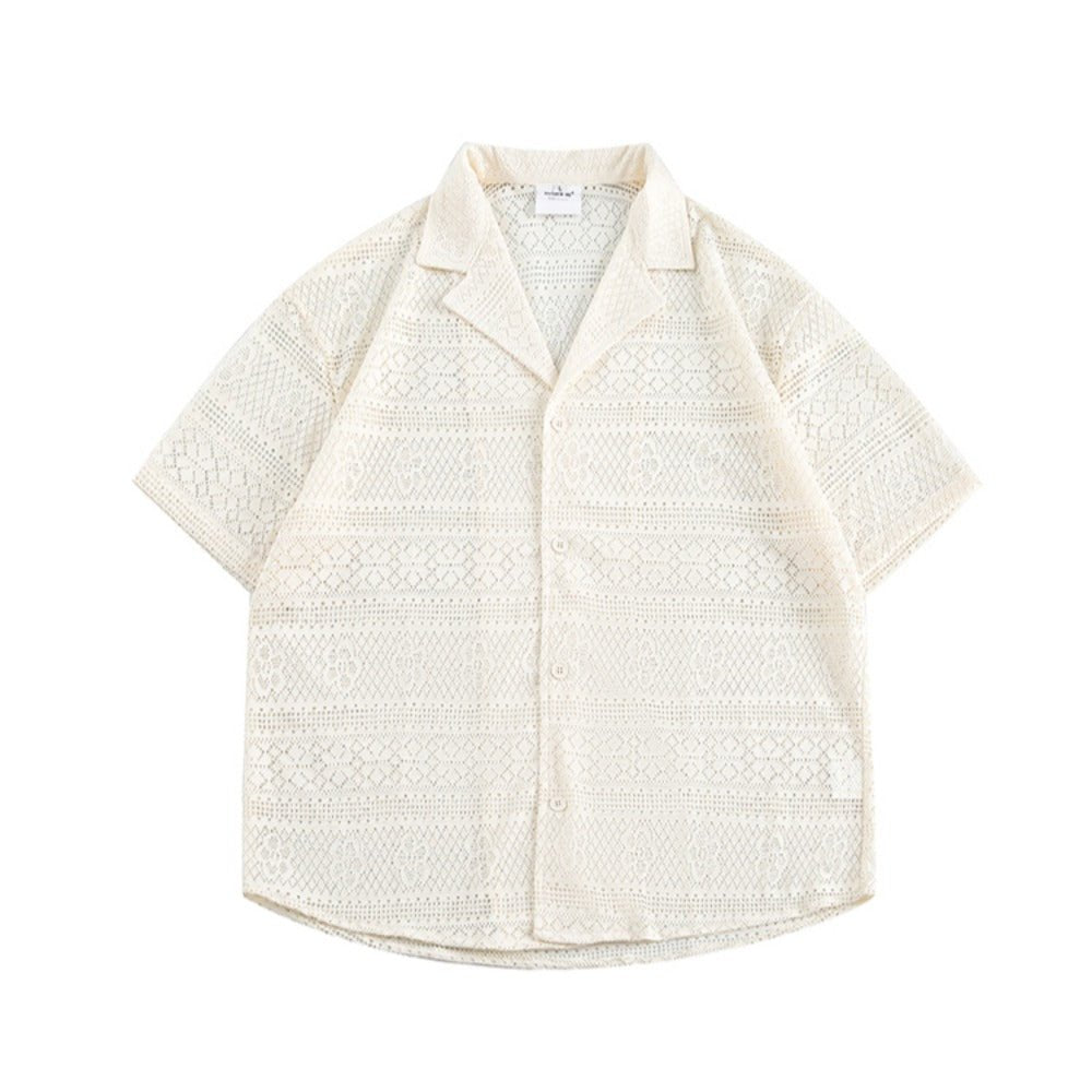 Cutout Cuban Collar Short Sleeve Shirt - Thrashink