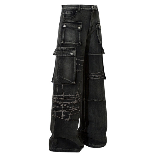 Industrial Edge Barbed Wire Cargo Wide-Leg Jeans