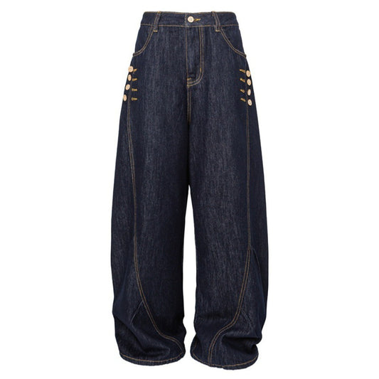 Side Button Raw Denim Balloon Jeans