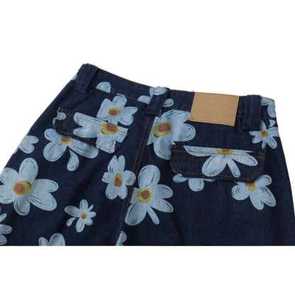 Daisy Print Denim Capri Pants - Thrashink