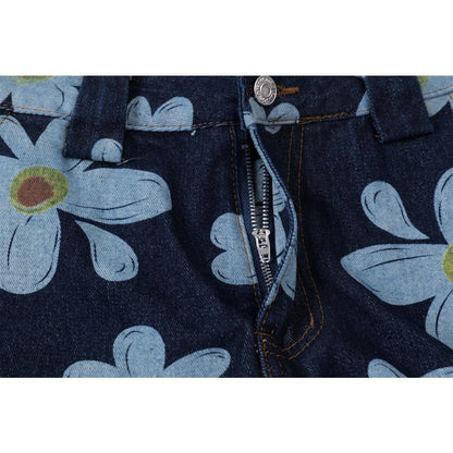 Daisy Print Denim Capri Pants - Thrashink
