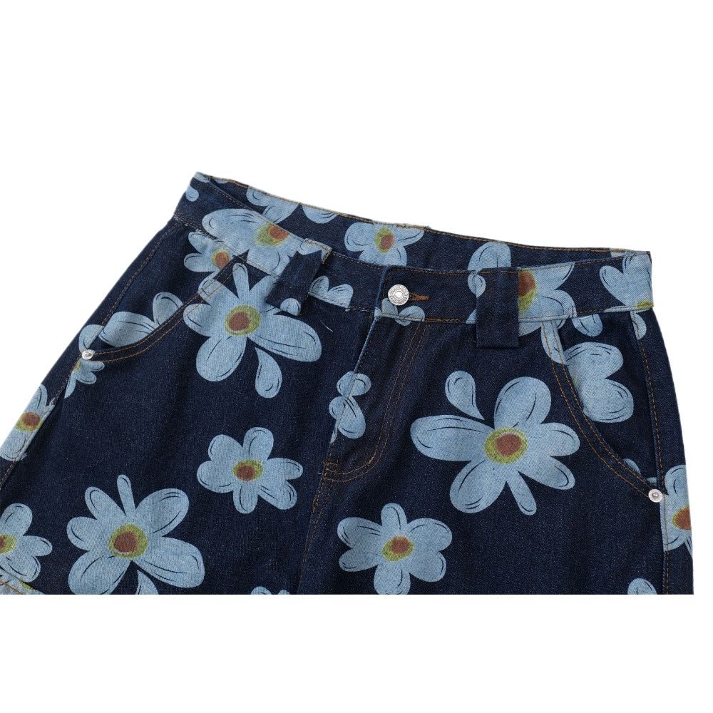 Daisy Print Denim Capri Pants - Thrashink