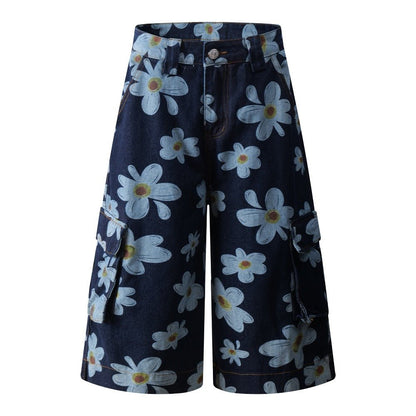 Daisy Print Denim Capri Pants - Thrashink