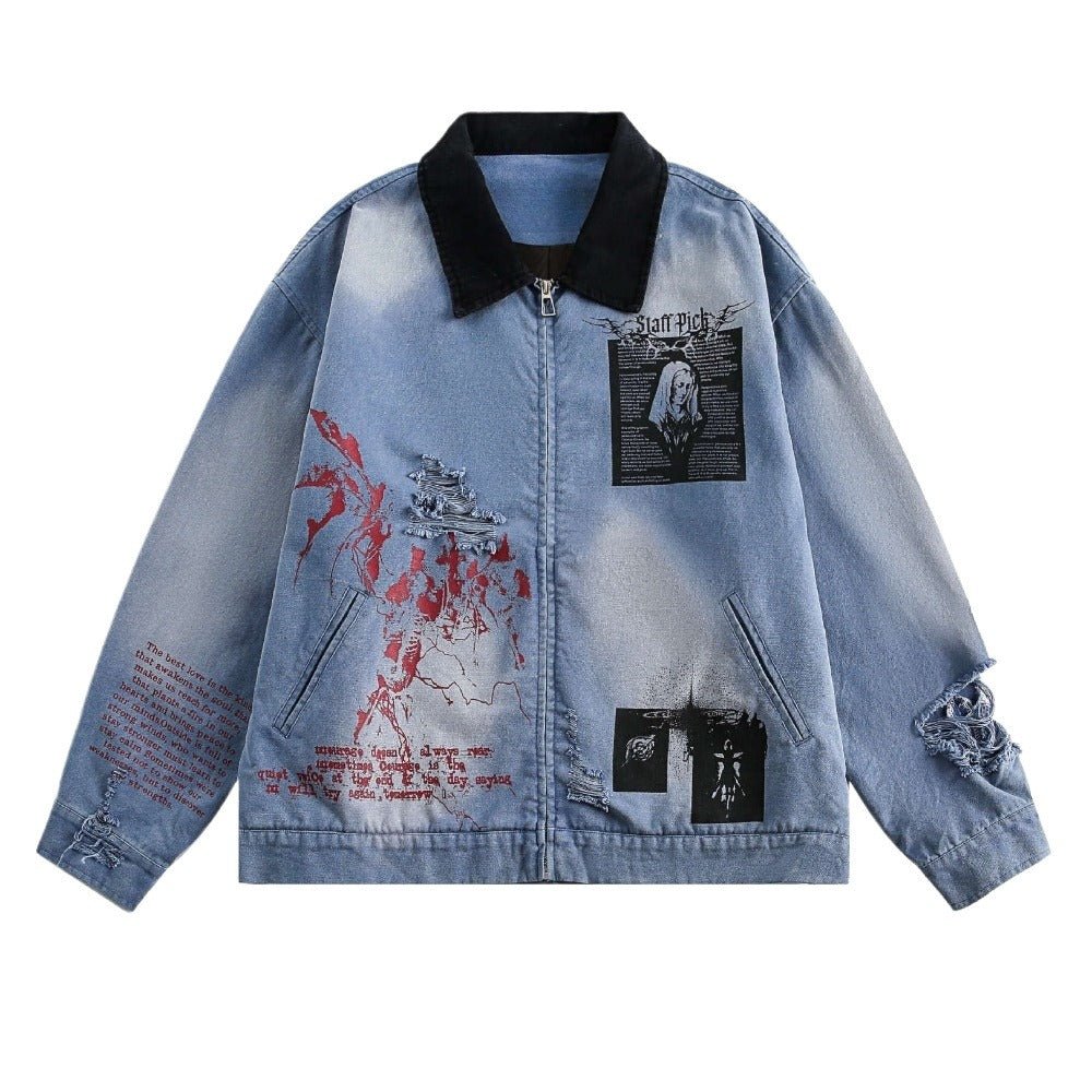 Dark Art Distressed Denim Jacket - Thrashink