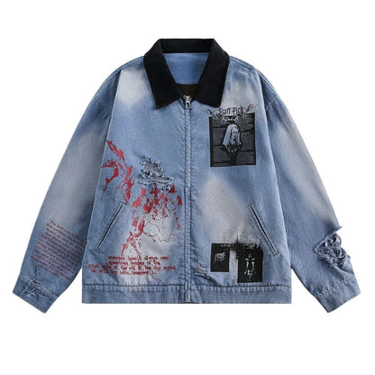 Dark Art Distressed Denim Jacket - Thrashink
