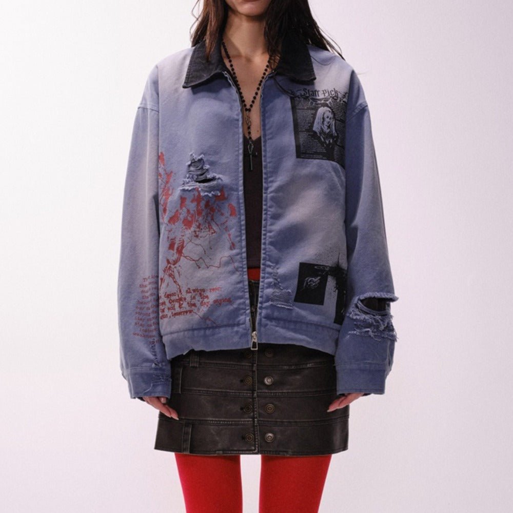 Dark Art Distressed Denim Jacket - Thrashink