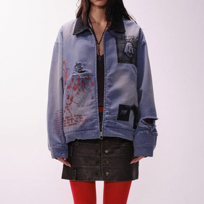 Dark Art Distressed Denim Jacket - Thrashink