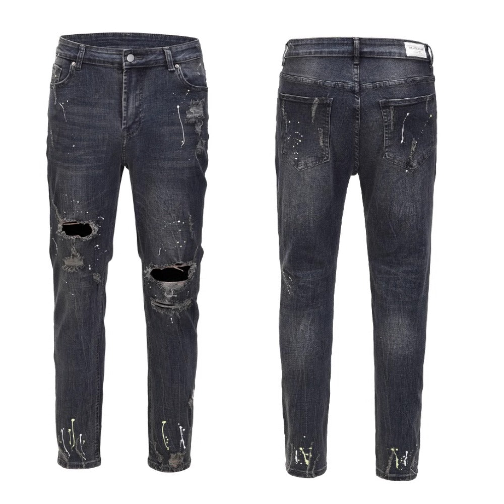 Dark Blue Ink Splash Ripped Jeans - Thrashink