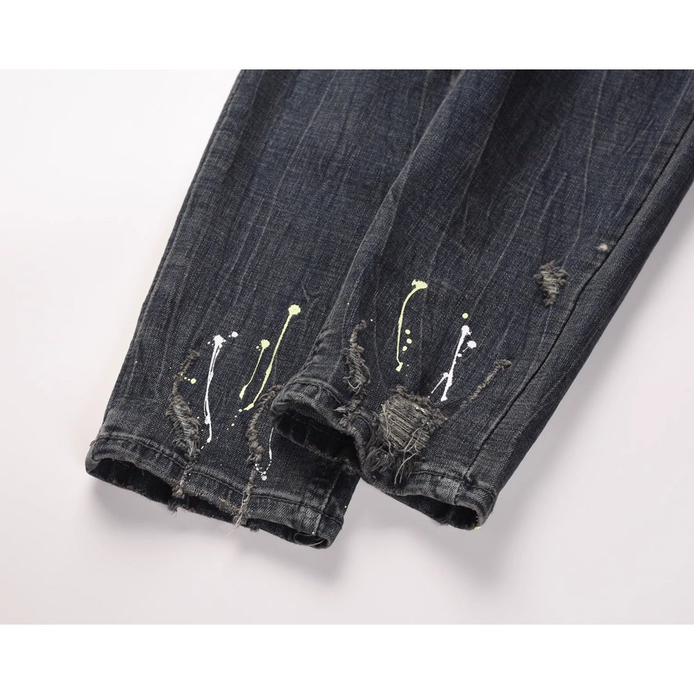 Dark Blue Ink Splash Ripped Jeans - Thrashink