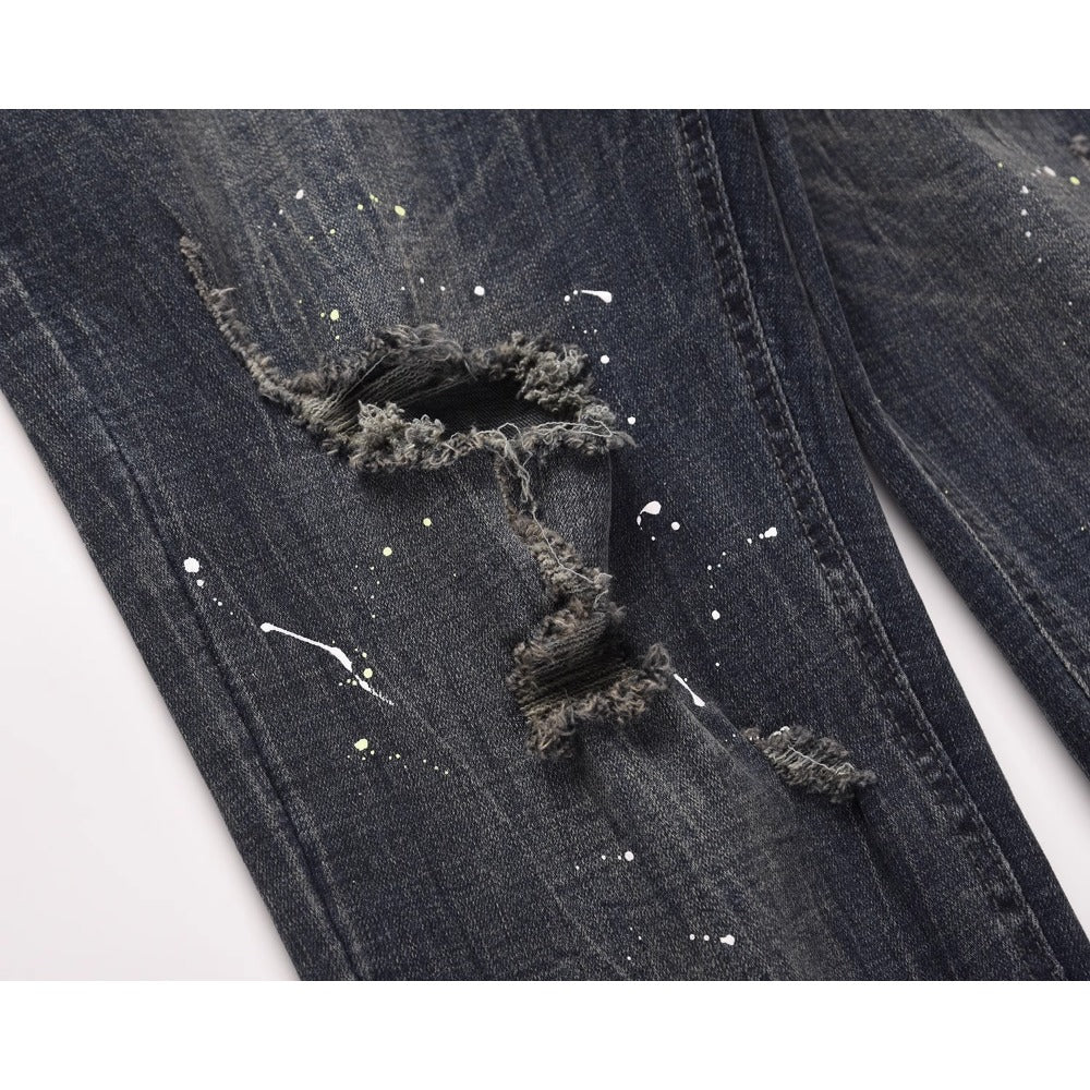 Dark Blue Ink Splash Ripped Jeans - Thrashink