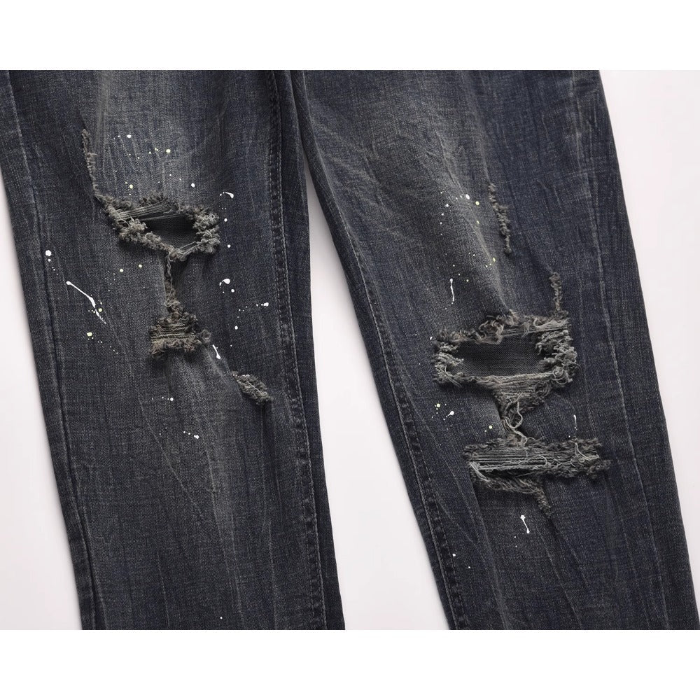 Dark Blue Ink Splash Ripped Jeans - Thrashink