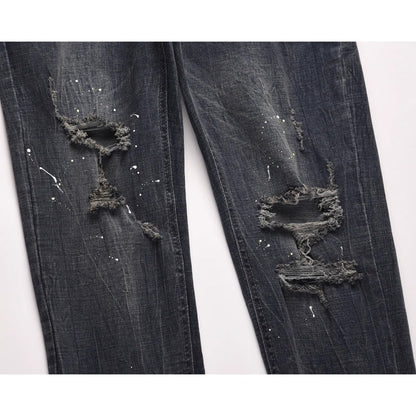 Dark Blue Ink Splash Ripped Jeans - Thrashink