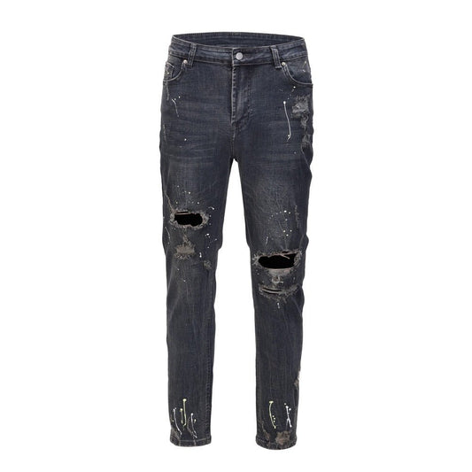 Dark Blue Ink Splash Ripped Jeans - Thrashink