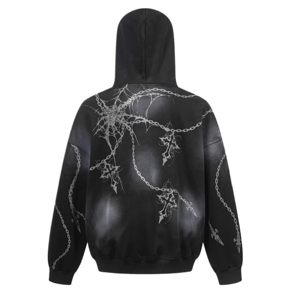 Dark Spiderweb & Chain Graphic Hoodie - Thrashink
