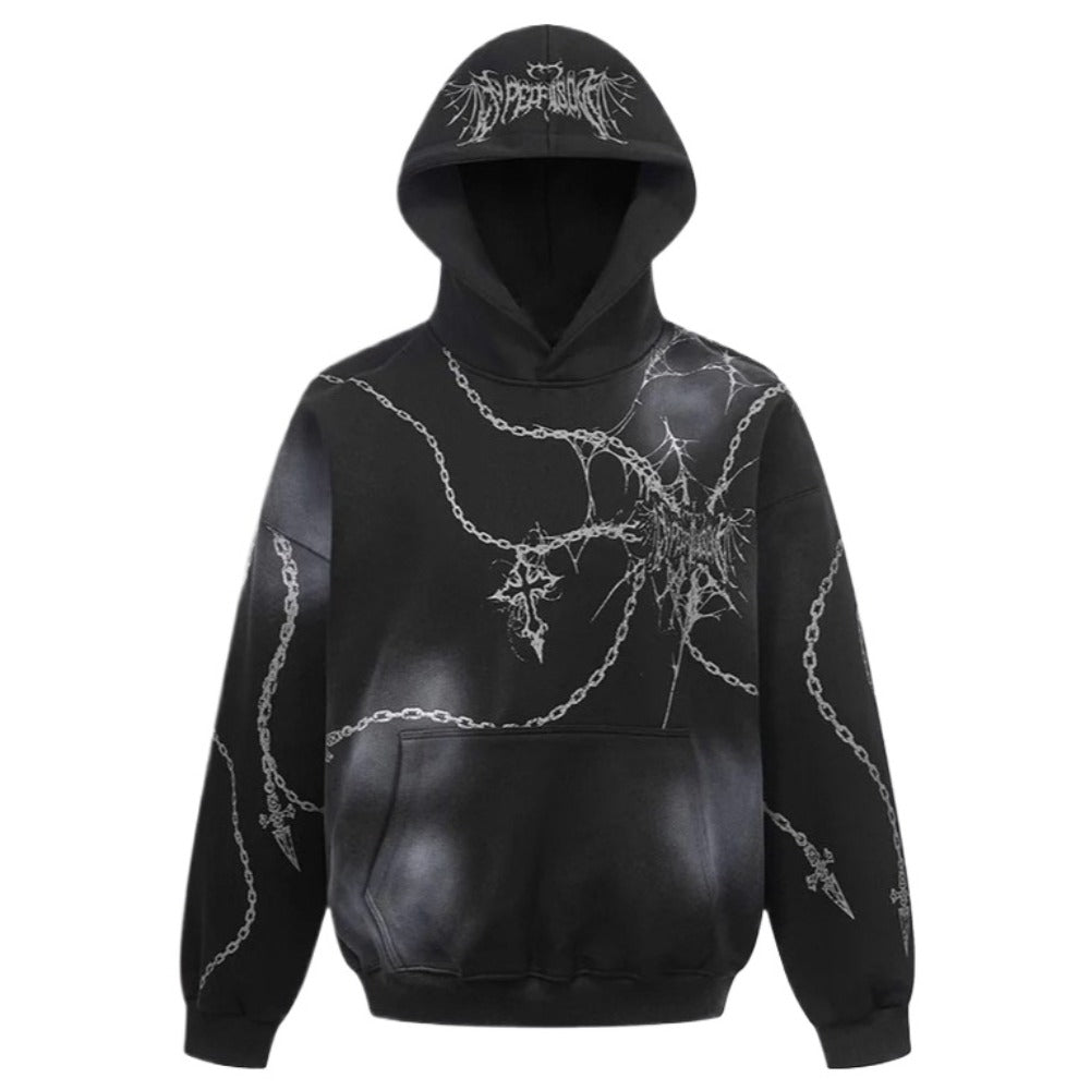 Dark Spiderweb & Chain Graphic Hoodie - Thrashink