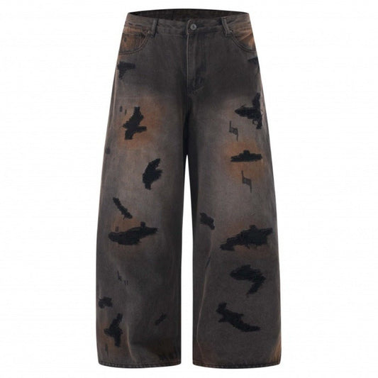 Dark Vintage Distressed Wide - Leg Jeans - Thrashink