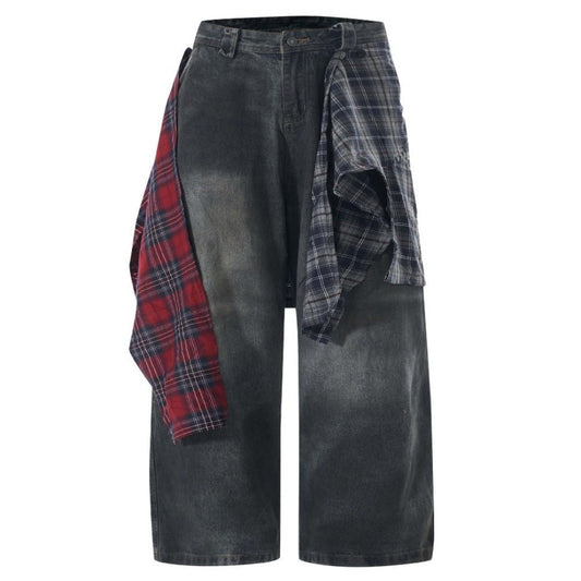 Dark Wash Deconstructed Plaid - Paneled Jeans - Thrashink
