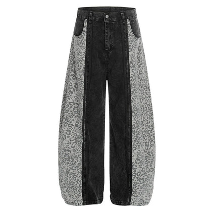 Washed Leopard Print Contrast Panel Jeans