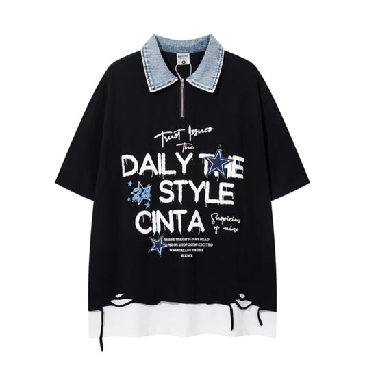 Denim Collar Fake Two Piece T-Shirt - Thrashink