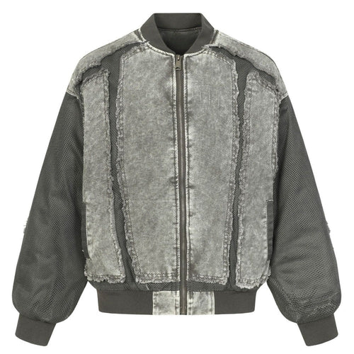 Denim Mesh Panel Distressed Bomber Jacket - Thrashink