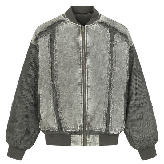 Denim Mesh Panel Distressed Bomber Jacket - Thrashink