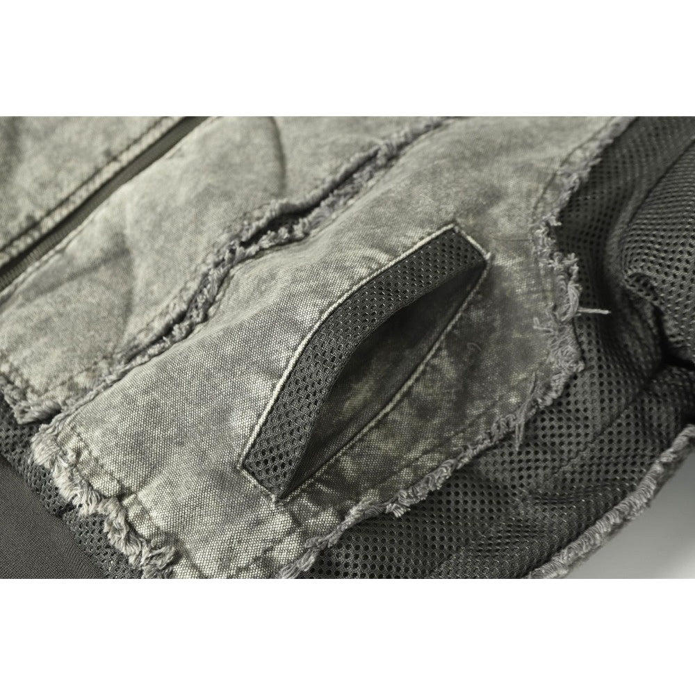 Denim Mesh Panel Distressed Bomber Jacket - Thrashink