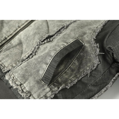 Denim Mesh Panel Distressed Bomber Jacket - Thrashink
