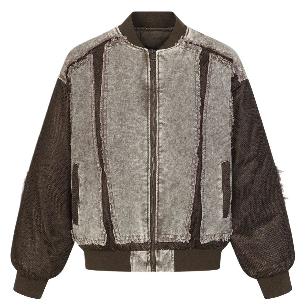 Denim Mesh Panel Distressed Bomber Jacket - Thrashink