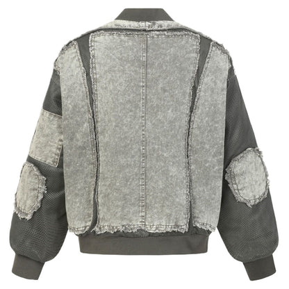 Denim Mesh Panel Distressed Bomber Jacket - Thrashink