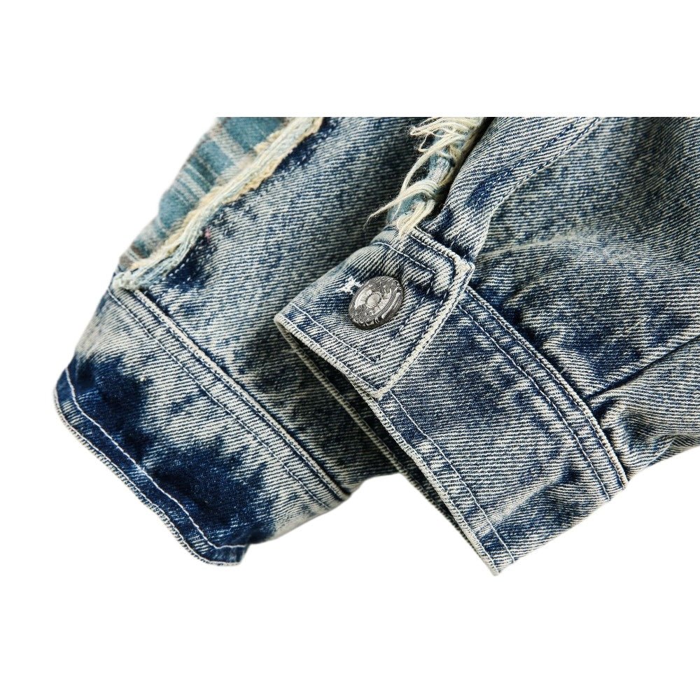 Denim Plaid Patchwork Fringed Jacket - Thrashink