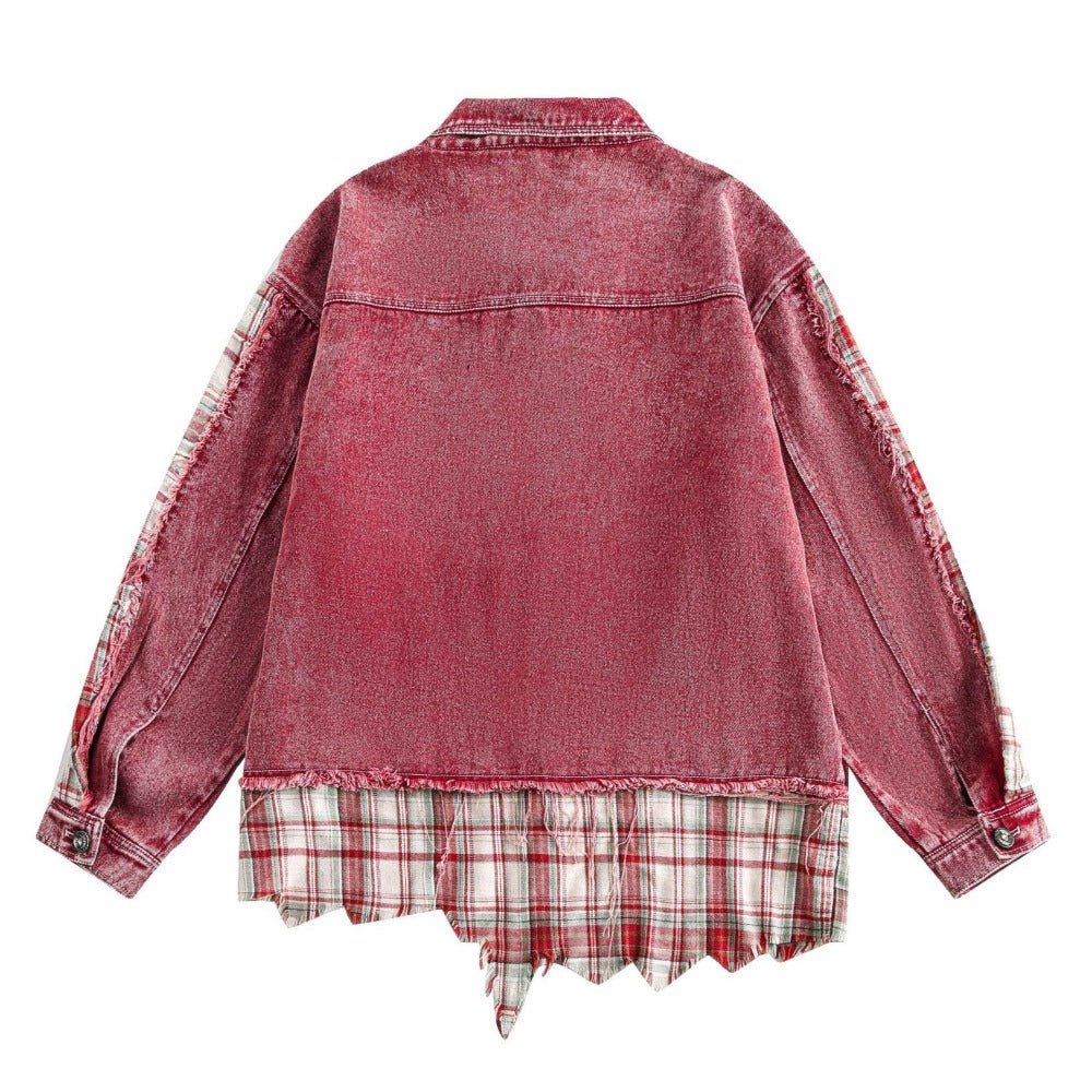Denim Plaid Patchwork Fringed Jacket - Thrashink