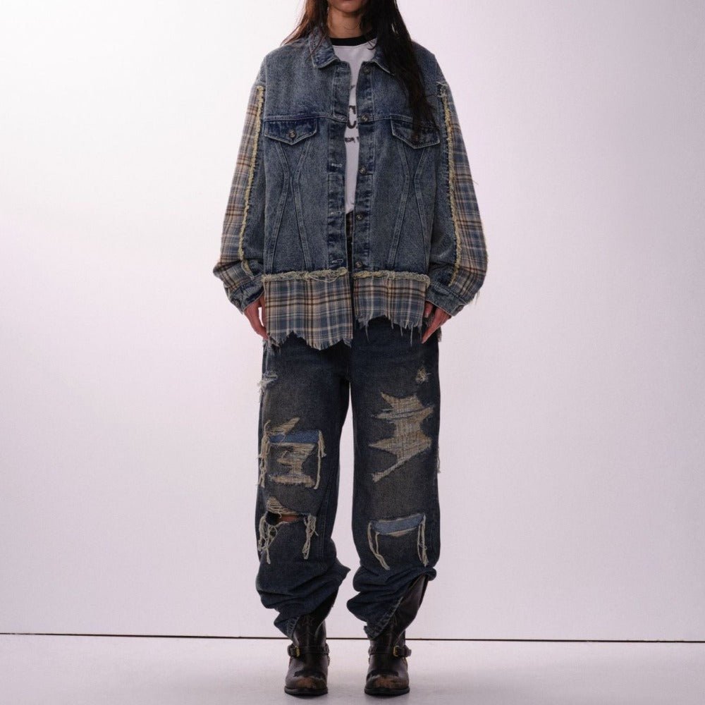 Denim Plaid Patchwork Fringed Jacket - Thrashink