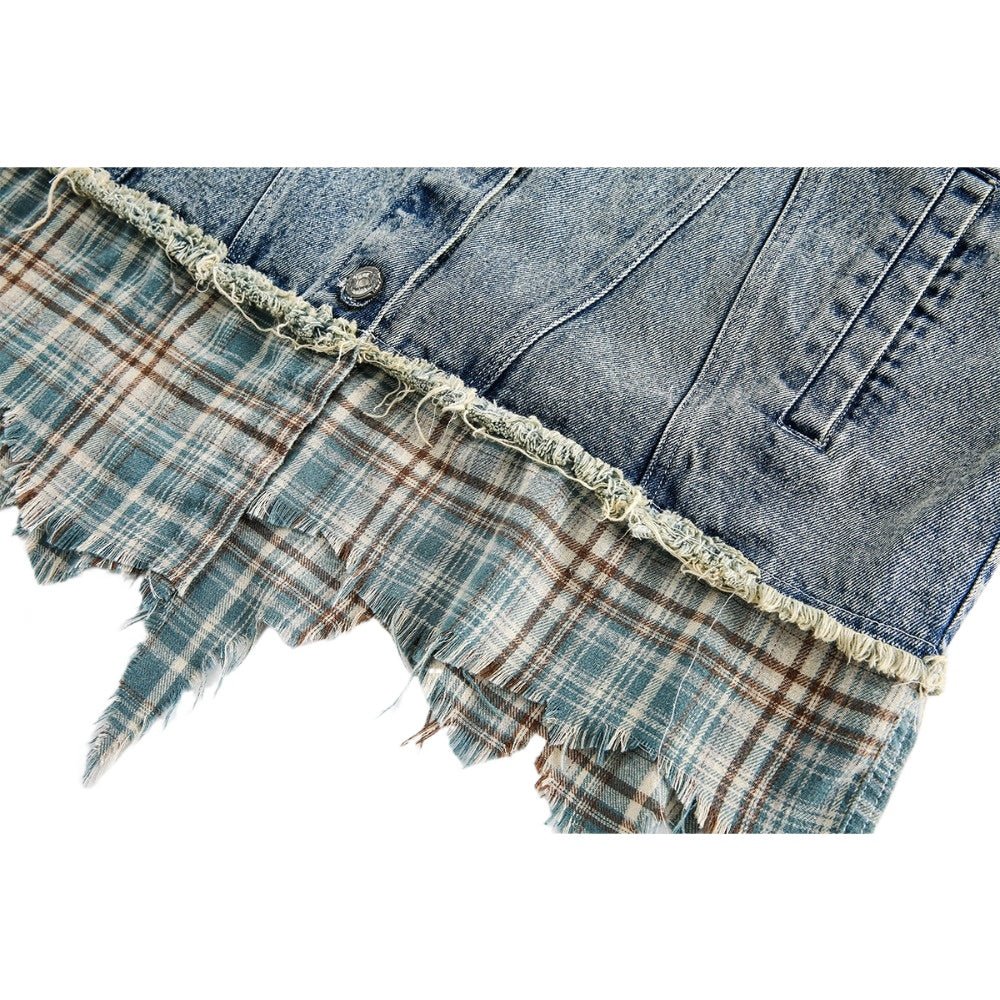 Denim Plaid Patchwork Fringed Jacket - Thrashink