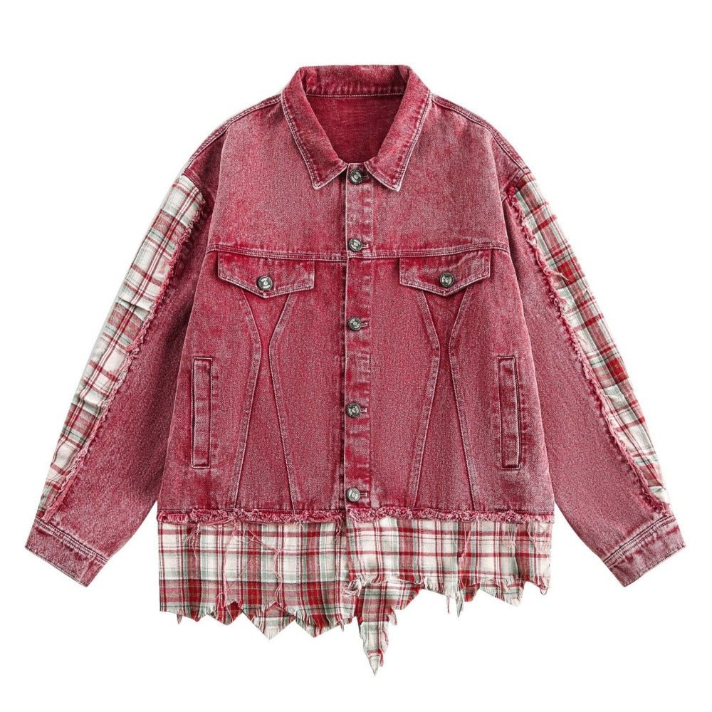Denim Plaid Patchwork Fringed Jacket - Thrashink