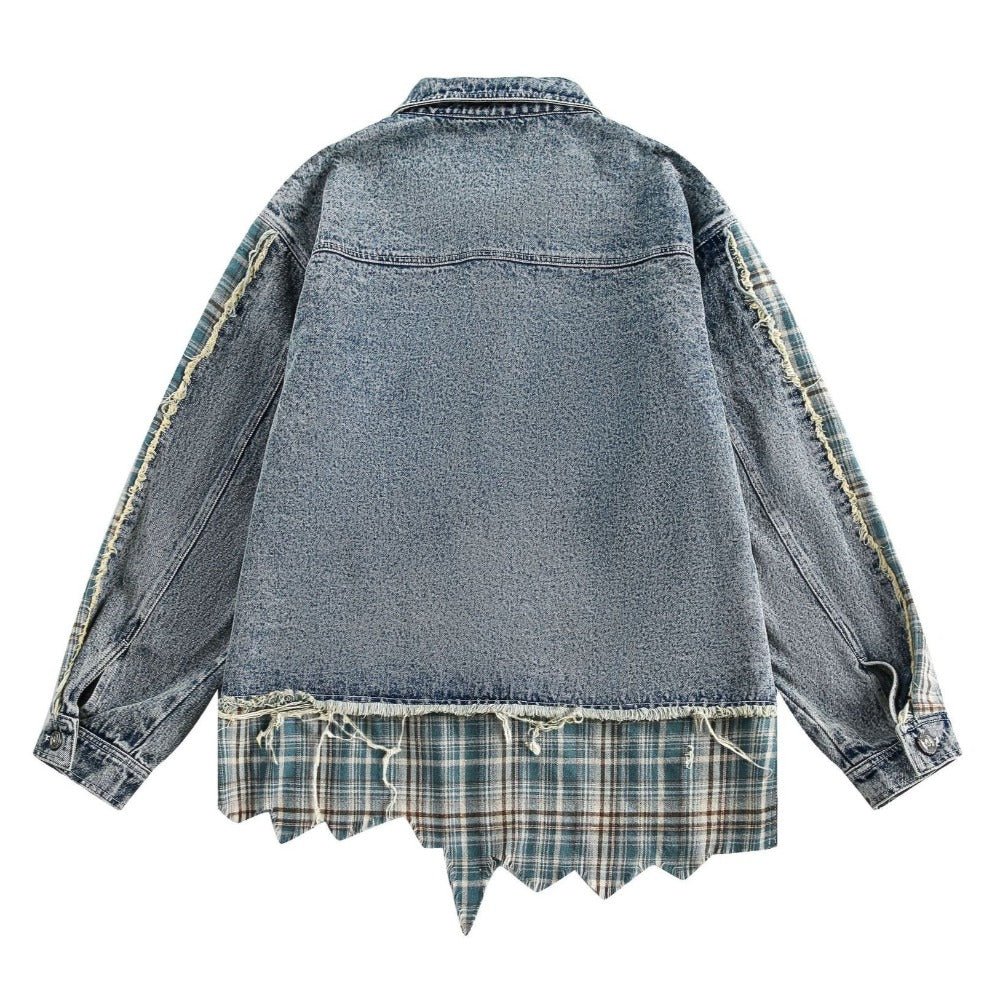 Denim Plaid Patchwork Fringed Jacket - Thrashink