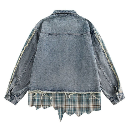 Denim Plaid Patchwork Fringed Jacket - Thrashink